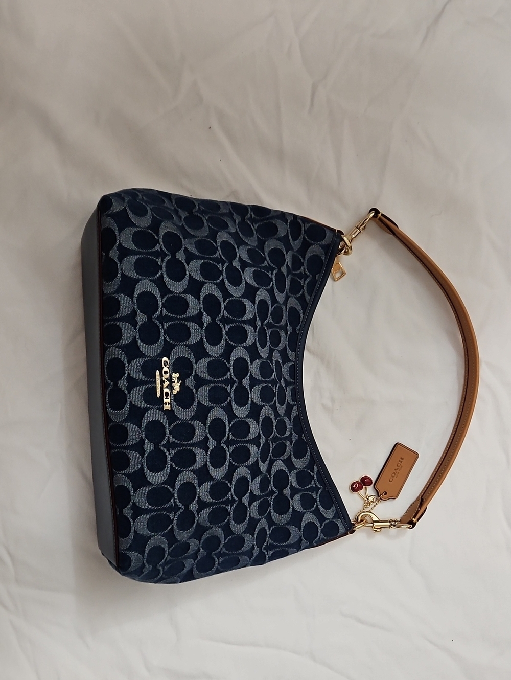 Coach Navy Signature Jacquard Shoulder Bag with Tan Strap